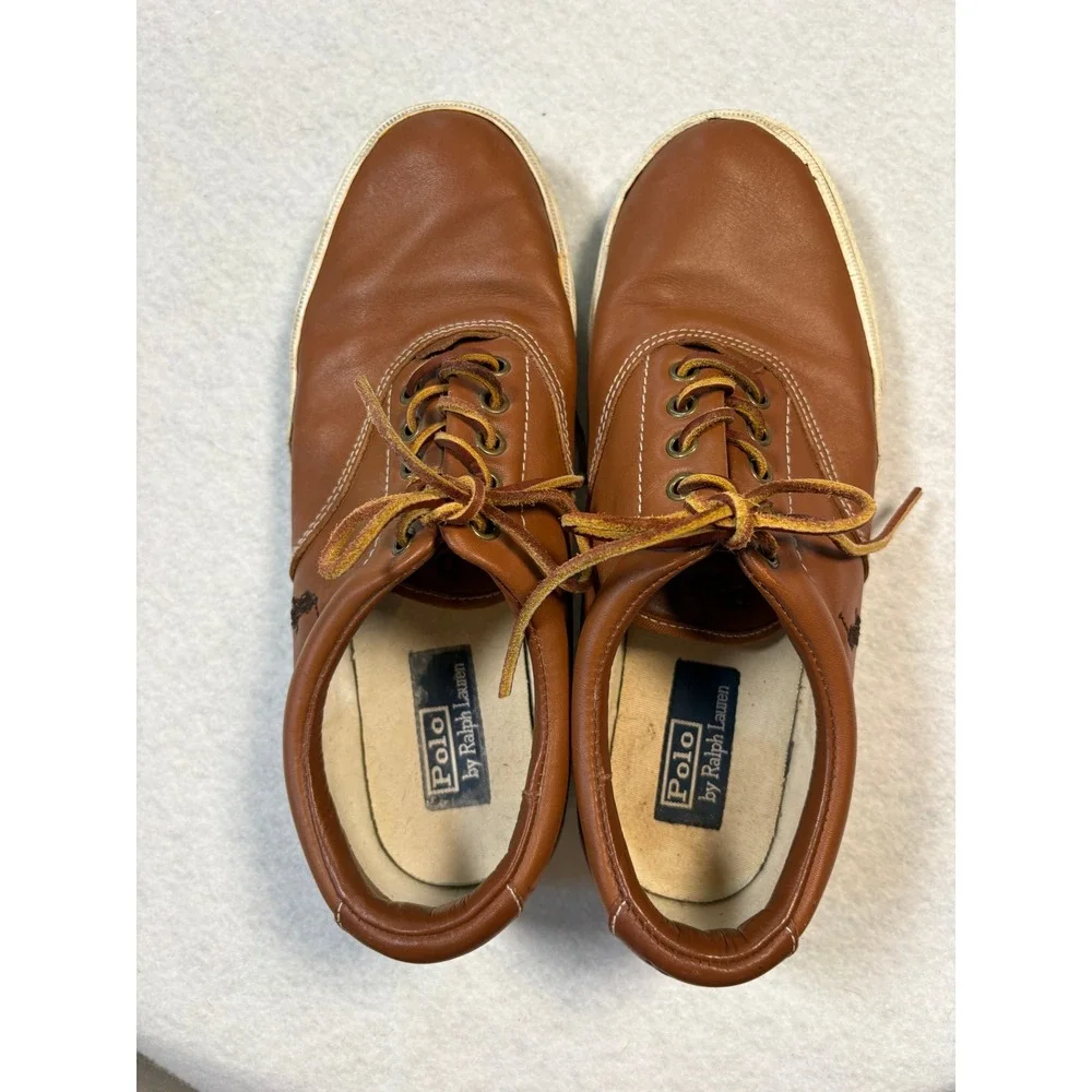 Polo Ralph Lauren Vaughn Mens 10D Tan Brown Leather Low Top Sneakers 00000859